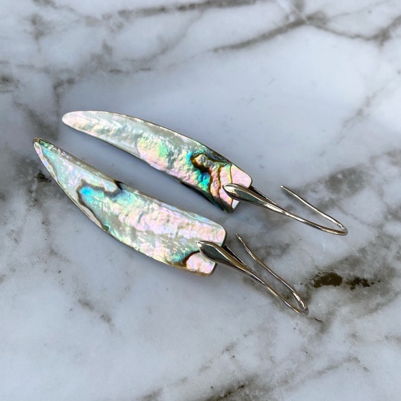 Abalone Shell Dragon's Tooth Long Earrings Silver Plated Pierced 12x45mm NEW - Picture 3 of 4